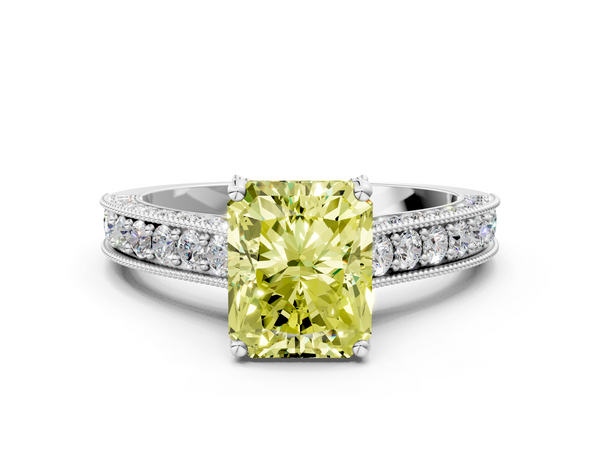 White gold Fancy Yellow Radiant  Cut Diamond Solitaire Ring with Milgrain Pave Band and Four Prong Setting