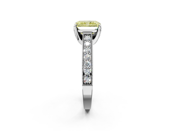 White gold Fancy Yellow Radiant  Cut Diamond Solitaire Ring with Milgrain Pave Band and Four Prong Setting