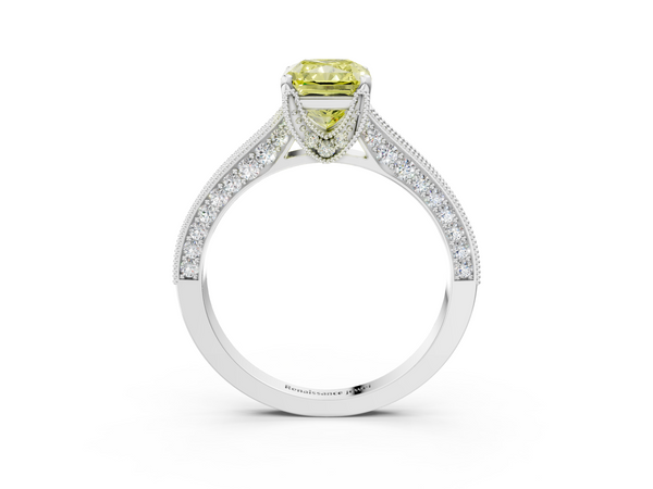 White gold Fancy Yellow Radiant  Cut Diamond Solitaire Ring with Milgrain Pave Band and Four Prong Setting