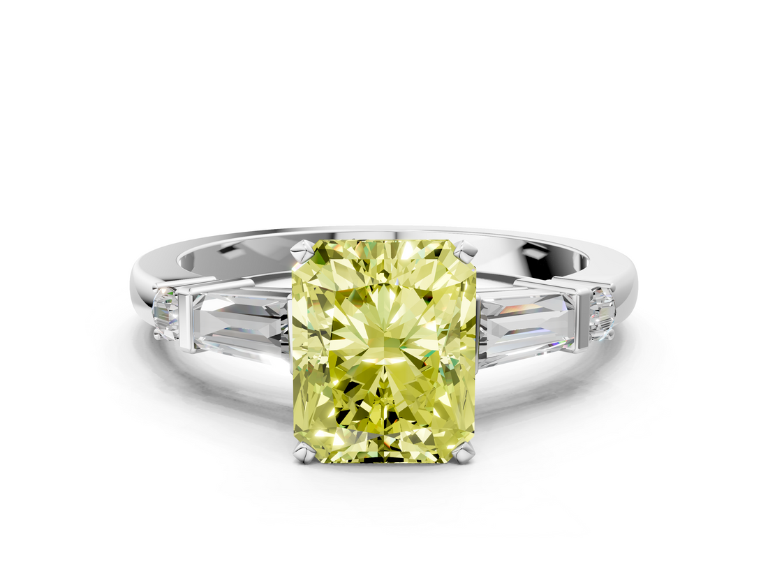 White gold Fancy Yellow Radiant  Cut Diamond Ring with Baguette Side Stones, Channel Set Band, and Four-Prong Setting_3
