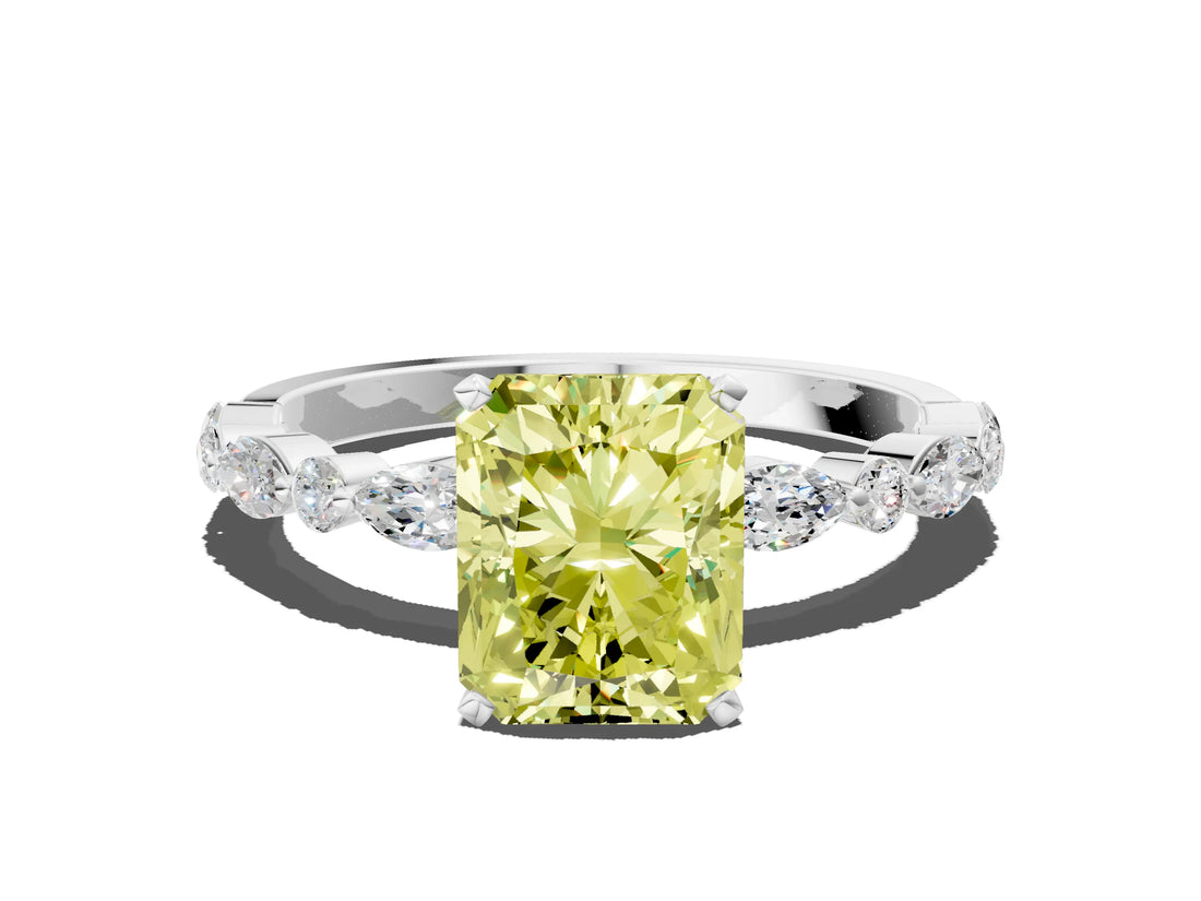 White gold Fancy Yellow Radiant Cut Diamond Ring with Marquise and Round  Side Stones and Four-Prong Setting_76