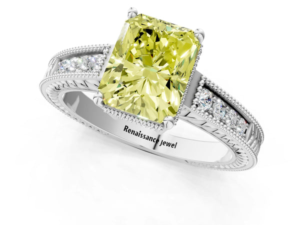 White gold Fancy Yellow Radiant Cut Diamond Ring with Milgrain Pavé Band and Four-Prong Setting