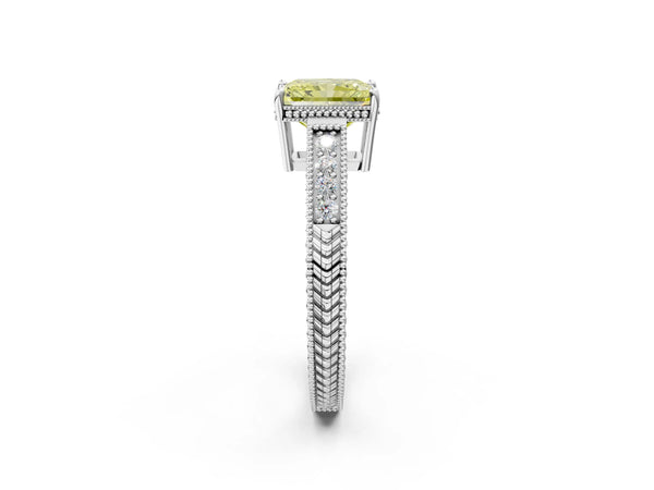 White gold Fancy Yellow Radiant Cut Diamond Ring with Milgrain Pavé Band and Four-Prong Setting