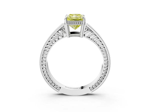 White gold Fancy Yellow Radiant Cut Diamond Ring with Milgrain Pavé Band and Four-Prong Setting
