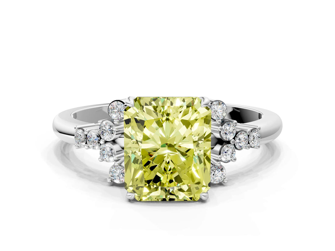 White gold Fancy Yellow Radiant Cut Diamond Ring with Side Stones and Four-Prong Setting_102