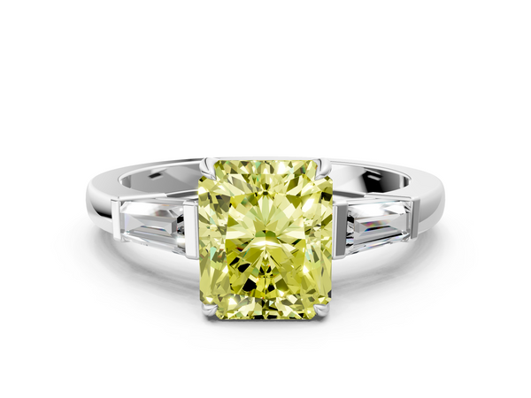 Platinum Fancy Yellow Radiant  Cut Diamond Ring with Tapered Baguette Side Stones in Four-Prong Setting
