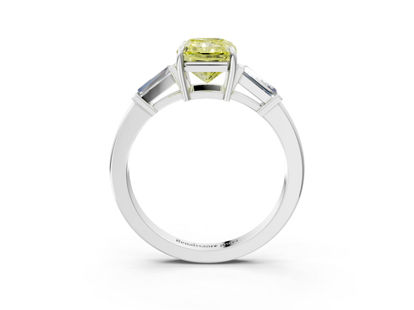 Platinum Fancy Yellow Radiant  Cut Diamond Ring with Tapered Baguette Side Stones in Four-Prong Setting