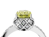 White gold Fancy Yellow Radiant Cut Diamond Scalloped Halo Engagement Ring with Round Shared Prong Band_16