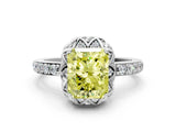 White gold Fancy Yellow Radiant Cut Diamond Scalloped Halo Engagement Ring with Round Shared Prong Band_18