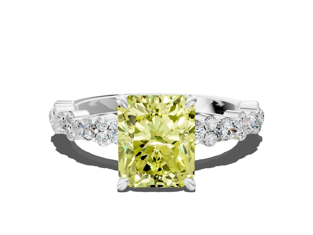 White gold Fancy Yellow Radiant Cut Diamond Side Stone Solitaire Ring with Round  and Four-Prong Setting_149