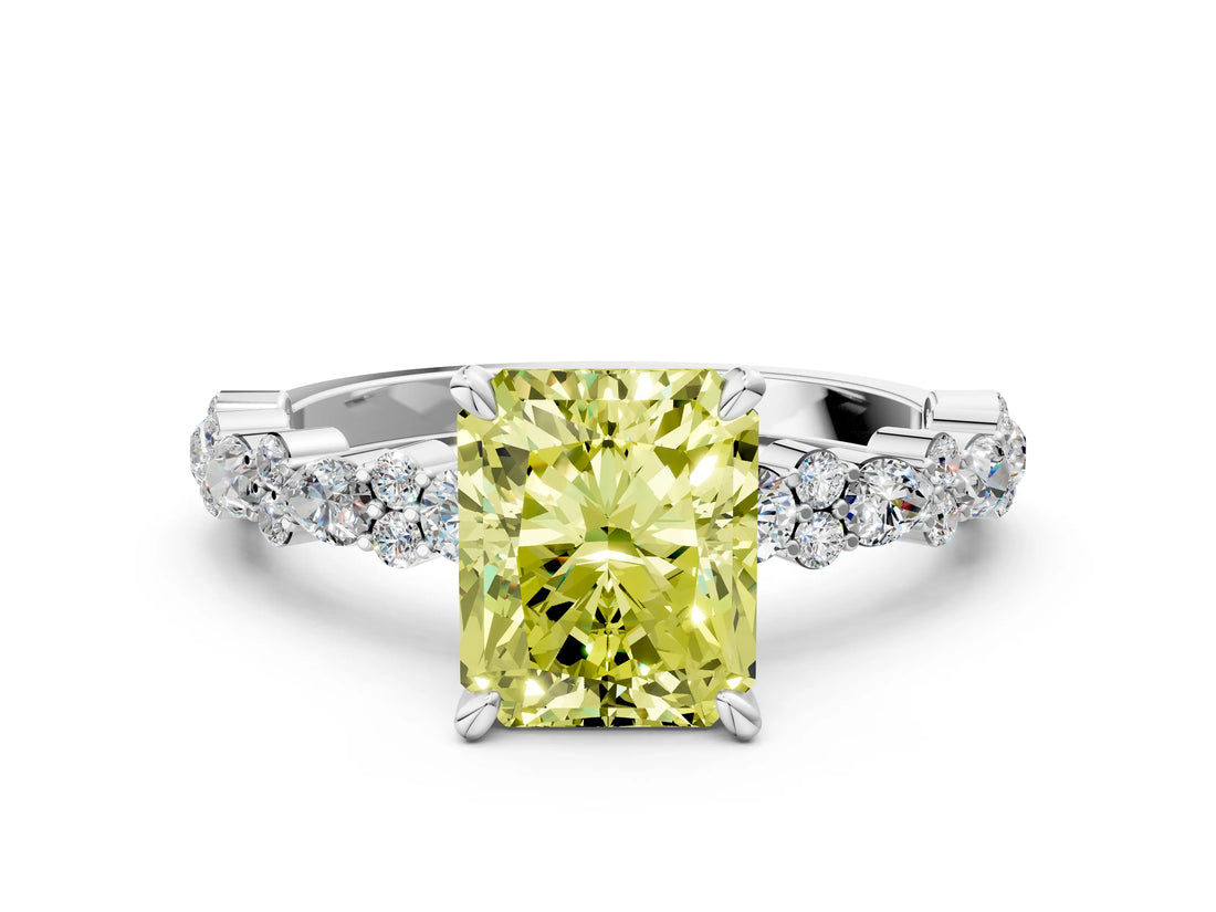 White gold Fancy Yellow Radiant Cut Diamond Side Stone Solitaire Ring with Round  and Four-Prong Setting_24