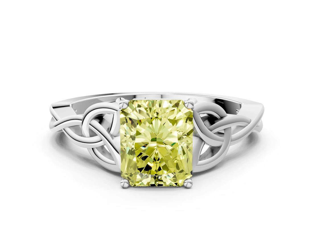 White gold Fancy Yellow Radiant Cut Diamond Solitaire Celtic Knot Ring with Four-Prong Setting_53