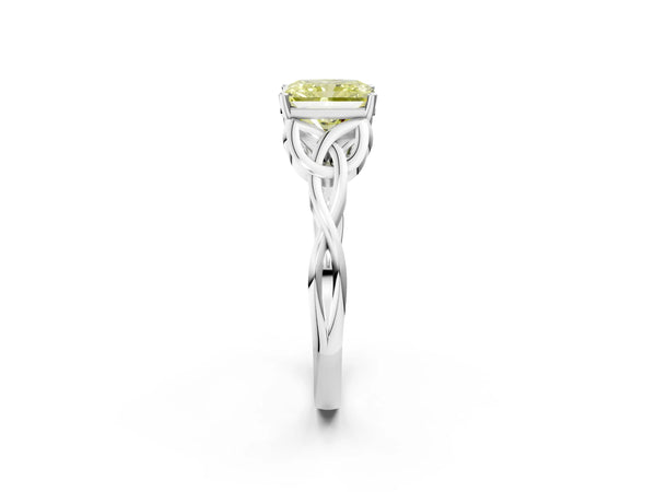 White gold Fancy Yellow Radiant Cut Diamond Solitaire Celtic Knot Ring with Four-Prong Setting