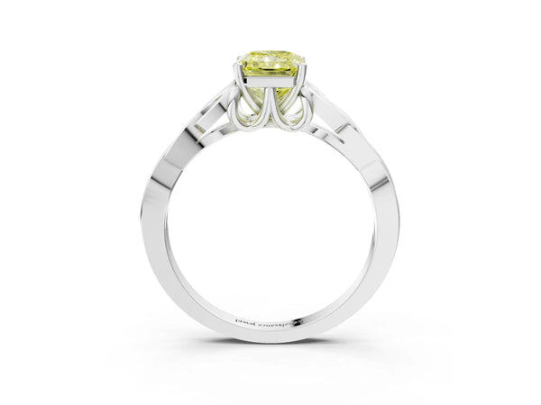 White gold Fancy Yellow Radiant Cut Diamond Solitaire Celtic Knot Ring with Four-Prong Setting
