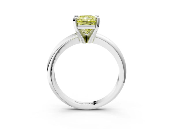 White gold Fancy Yellow Radiant Cut Diamond Solitaire Engagement Ring with Round Band and Four-Prong Setting