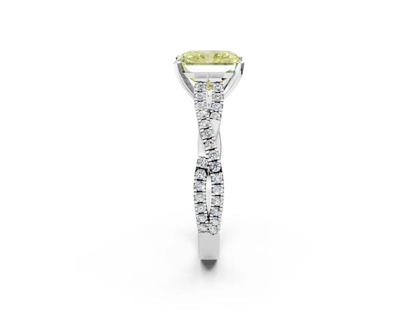 White gold Fancy Yellow Radiant Cut Diamond Solitaire Engagement Ring with Twisted Pavé Band and Four-Prong Setting