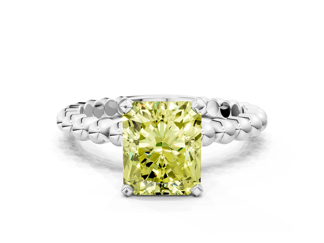 White gold Fancy Yellow Radiant Cut Diamond Solitaire Ring with Beaded Band and Prong Setting_412