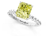 White gold Fancy Yellow Radiant Cut Diamond Solitaire Ring with Beaded Band and Prong Setting_413