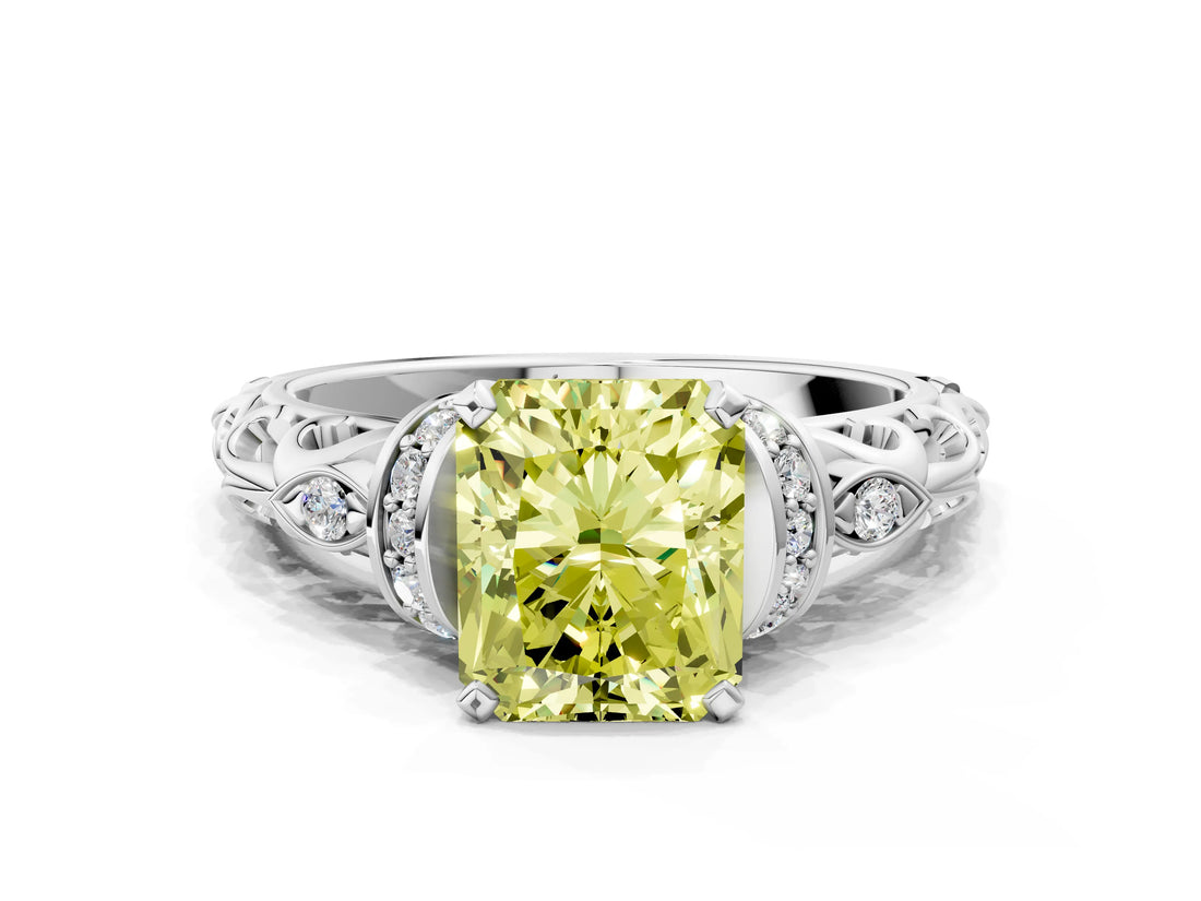 White gold Fancy Yellow Radiant Cut Diamond Solitaire Ring with Filigree Band and Four-Prong Setting_58