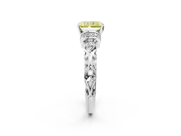 White gold Fancy Yellow Radiant Cut Diamond Solitaire Ring with Filigree Band and Four-Prong Setting