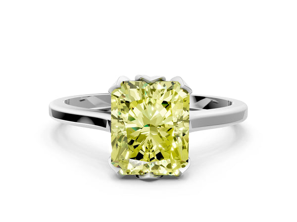 White gold Fancy Yellow Radiant Cut Diamond Solitaire Ring with Flower Prong Setting and Classic Band