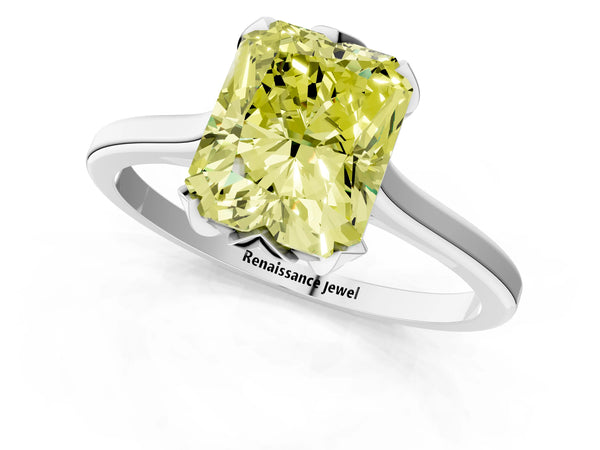 White gold Fancy Yellow Radiant Cut Diamond Solitaire Ring with Flower Prong Setting and Classic Band
