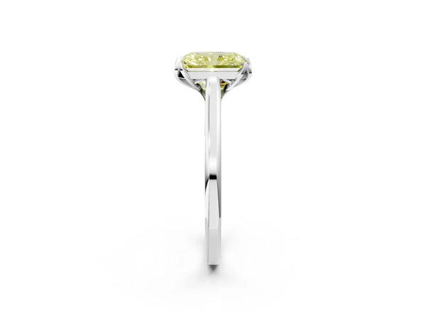 White gold Fancy Yellow Radiant Cut Diamond Solitaire Ring with Flower Prong Setting and Classic Band