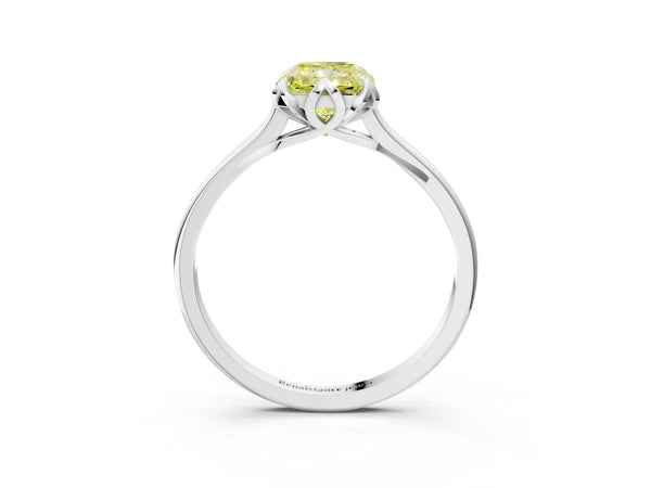 White gold Fancy Yellow Radiant Cut Diamond Solitaire Ring with Flower Prong Setting and Classic Band