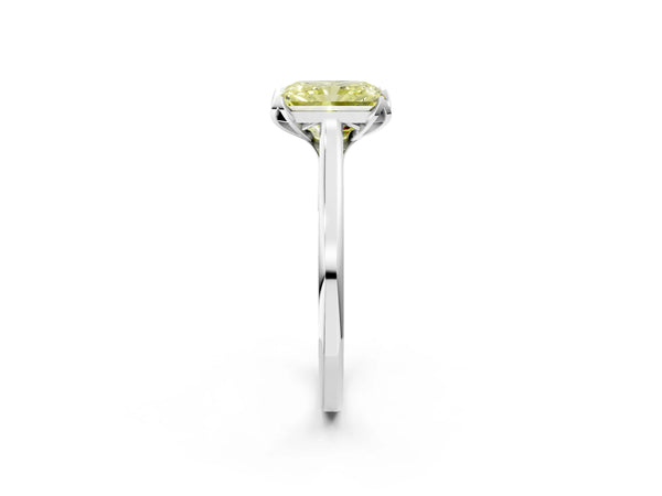 White gold Fancy Yellow Radiant Cut Diamond Solitaire Ring with Flower Prong Setting and Classic Band