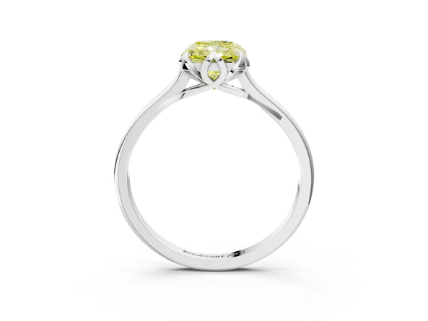 White gold Fancy Yellow Radiant Cut Diamond Solitaire Ring with Flower Prong Setting and Classic Band
