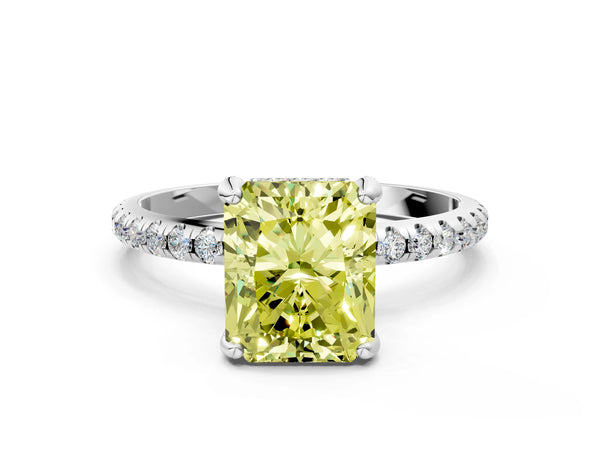 White gold Fancy Yellow Radiant Cut Diamond Solitaire Ring with Four-Prong Setting and Pavé Band