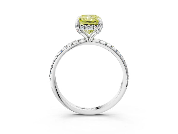 White gold Fancy Yellow Radiant Cut Diamond Solitaire Ring with Four-Prong Setting and Pavé Band