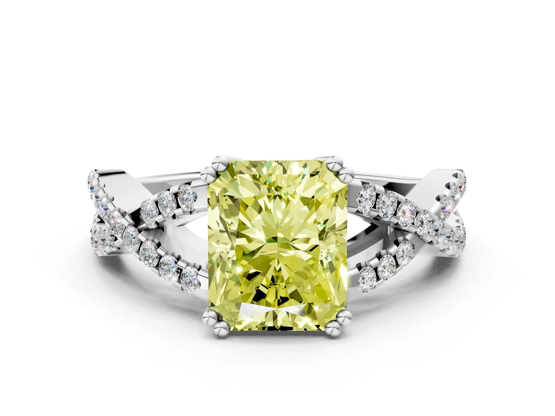 White gold Fancy Yellow Radiant Cut Diamond Solitaire Ring with Four-Prong Setting and Twisted Pavé Band_80