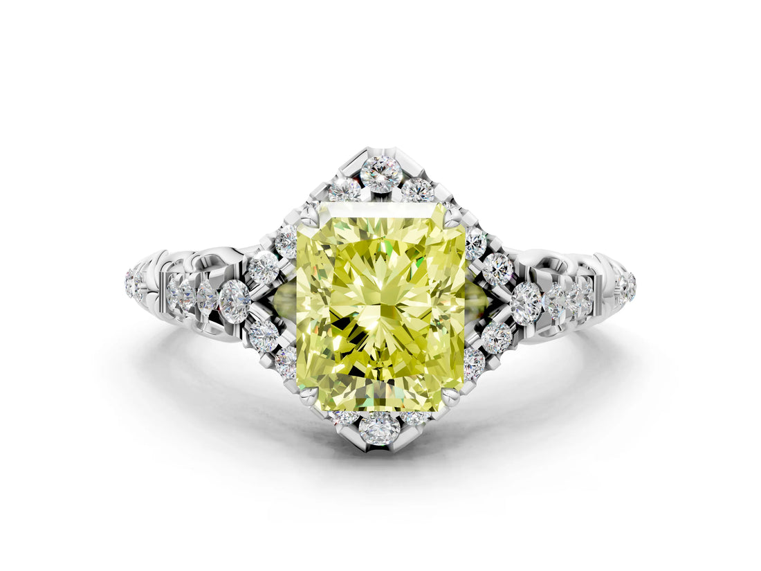 White gold Fancy Yellow Radiant Cut Diamond Solitaire Ring with Hidden Halo and Pavé Band_39