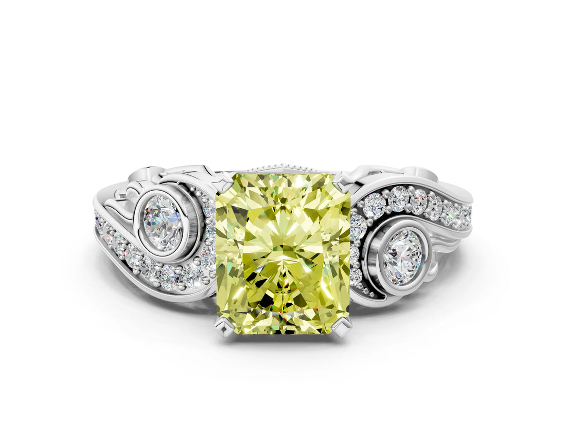 White gold Fancy Yellow Radiant Cut Diamond Solitaire Ring with Milgrain Pavé Band and Four-Prong Setting_215