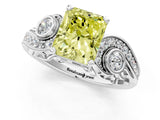 White gold Fancy Yellow Radiant Cut Diamond Solitaire Ring with Milgrain Pavé Band and Four-Prong Setting_216