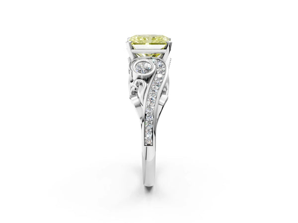 Platinum Fancy Yellow Radiant Cut Diamond Solitaire Ring with Milgrain Pavé Band and Four-Prong Setting