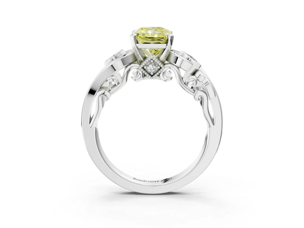 Platinum Fancy Yellow Radiant Cut Diamond Solitaire Ring with Milgrain Pavé Band and Four-Prong Setting