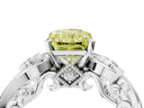 White gold Fancy Yellow Radiant Cut Diamond Solitaire Ring with Milgrain Pavé Band and Four-Prong Setting_218