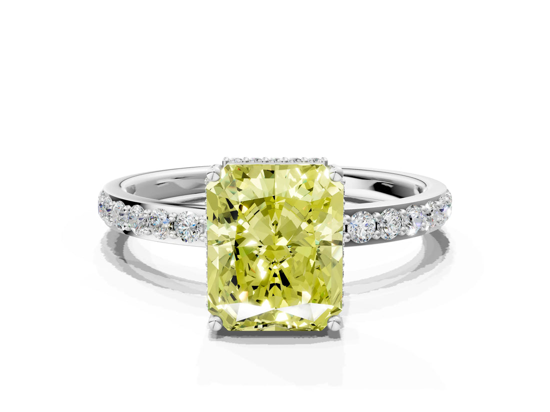 White gold Fancy Yellow Radiant Cut Diamond Solitaire Ring with Pavé Band and Hidden Halo_32