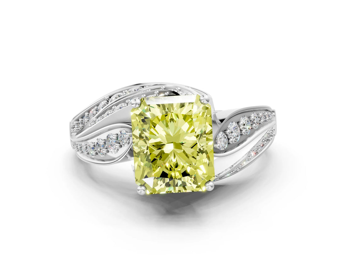 White gold Fancy Yellow Radiant Cut Diamond Solitaire Ring with Prong Setting and Twisted Pavé Band_12