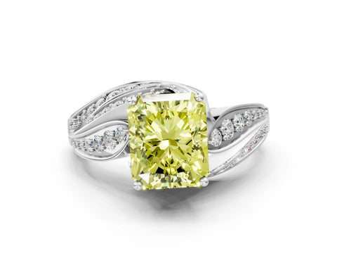 White gold Fancy Yellow Radiant Cut Diamond Solitaire Ring with Prong Setting and Twisted Pavé Band_12