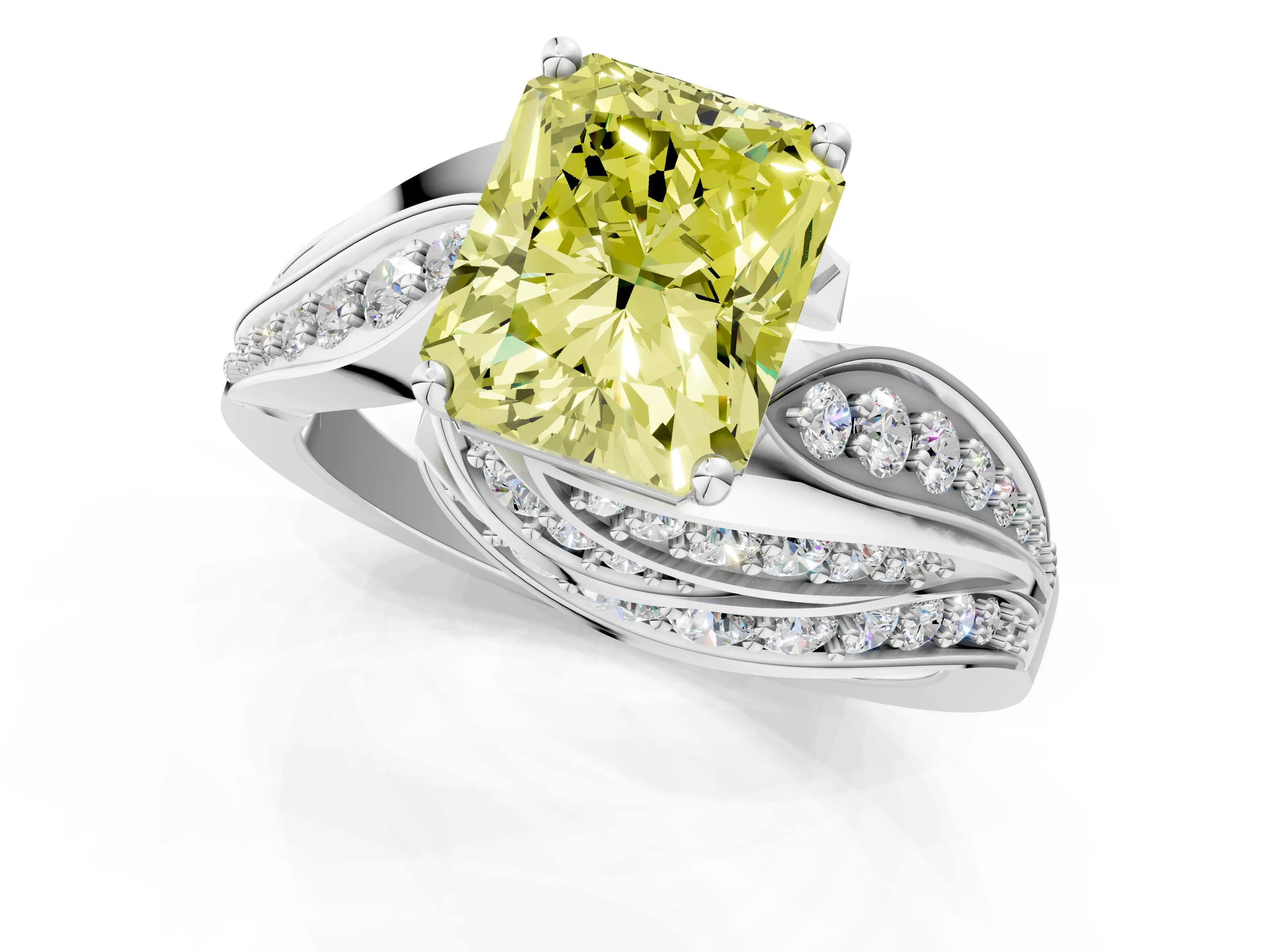 White gold Fancy Yellow Radiant Cut Diamond Solitaire Ring with Prong Setting and Twisted Pavé Band_13