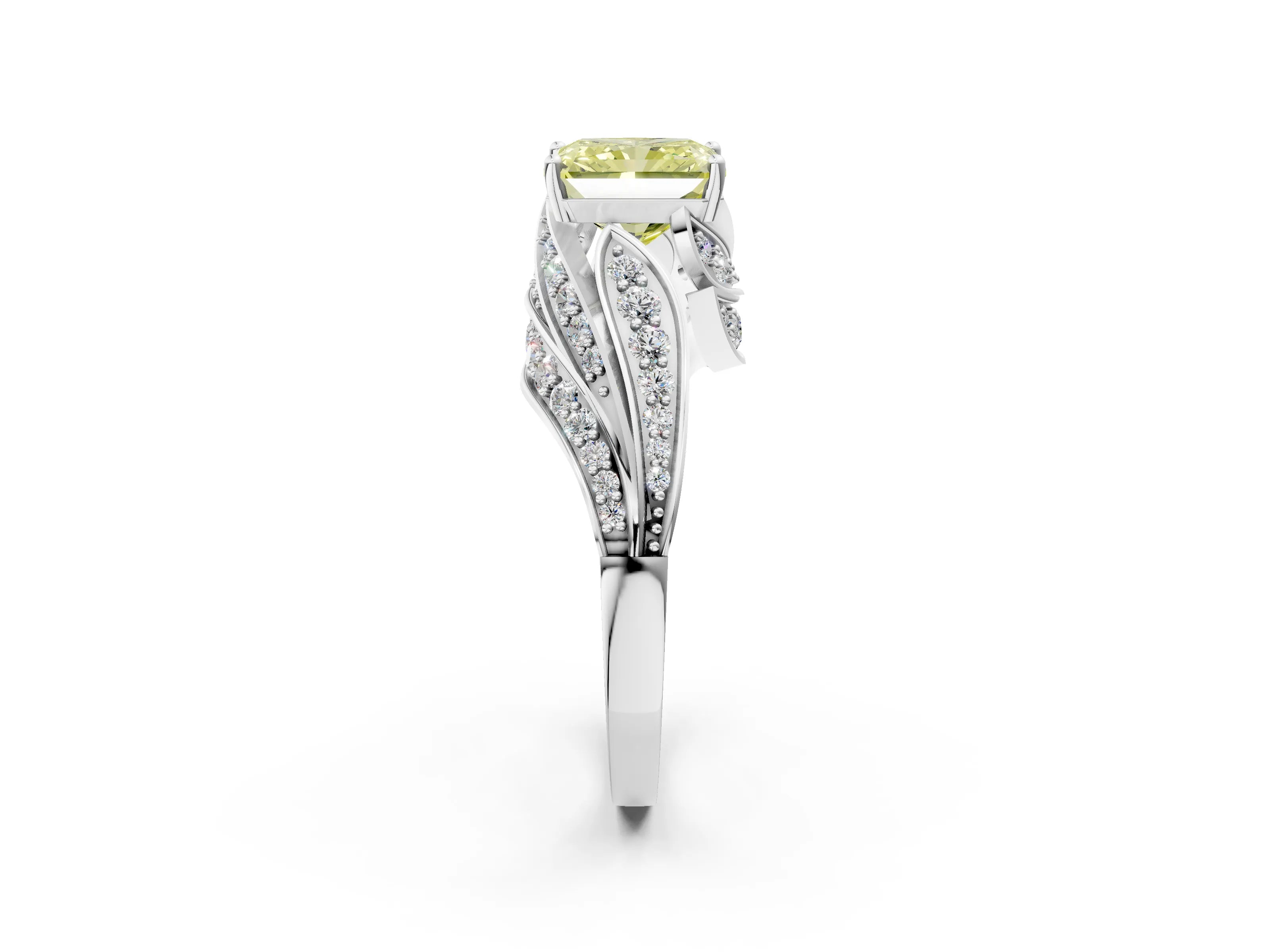 White gold Fancy Yellow Radiant Cut Diamond Solitaire Ring with Prong Setting and Twisted Pavé Band_14