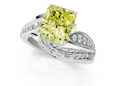 White gold Fancy Yellow Radiant Cut Diamond Solitaire Ring with Prong Setting and Twisted Pavé Band_1