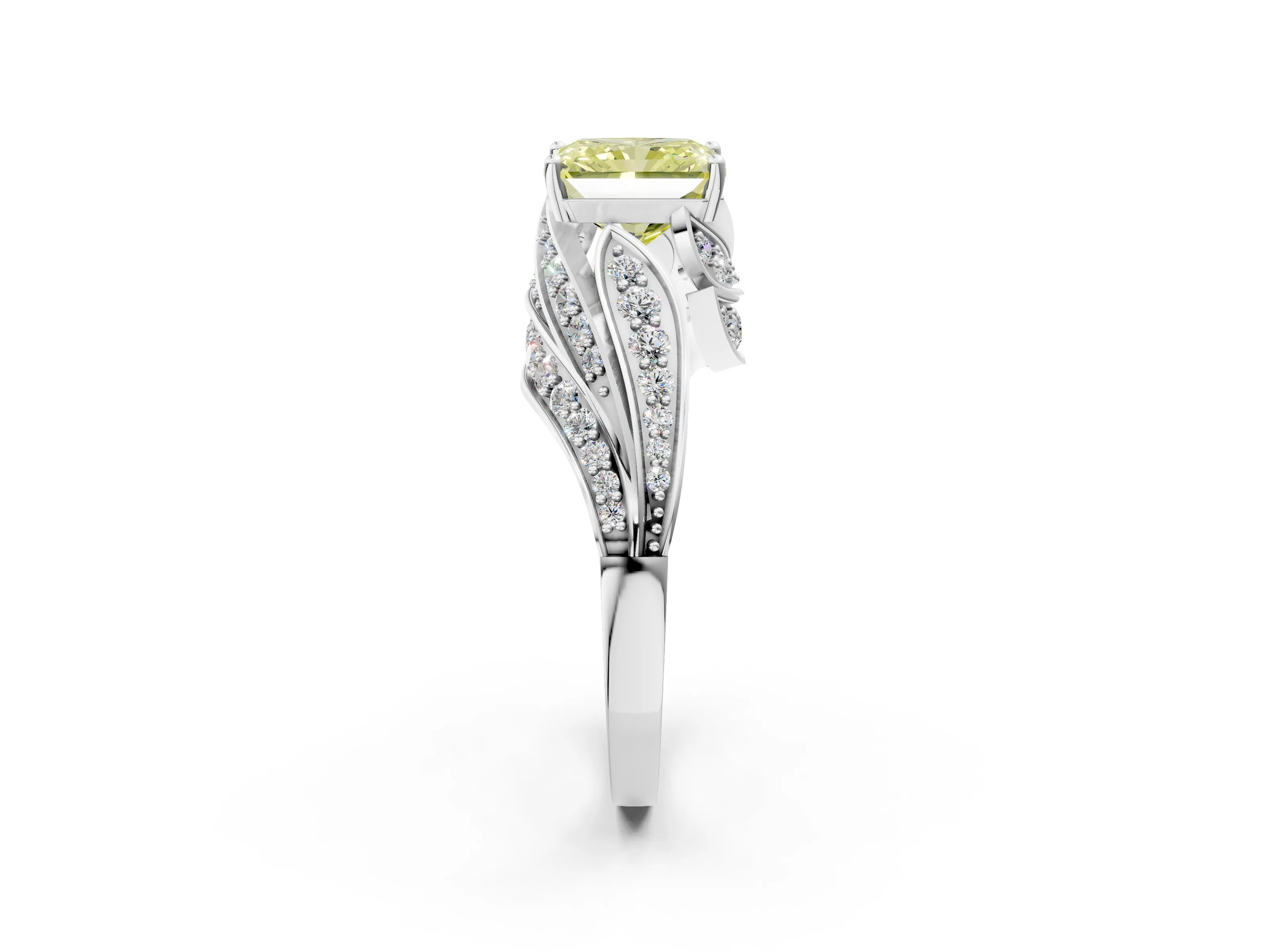 White gold Fancy Yellow Radiant Cut Diamond Solitaire Ring with Prong Setting and Twisted Pavé Band_2
