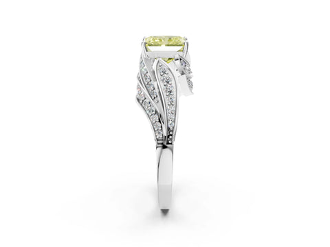 White gold Fancy Yellow Radiant Cut Diamond Solitaire Ring with Prong Setting and Twisted Pavé Band_2