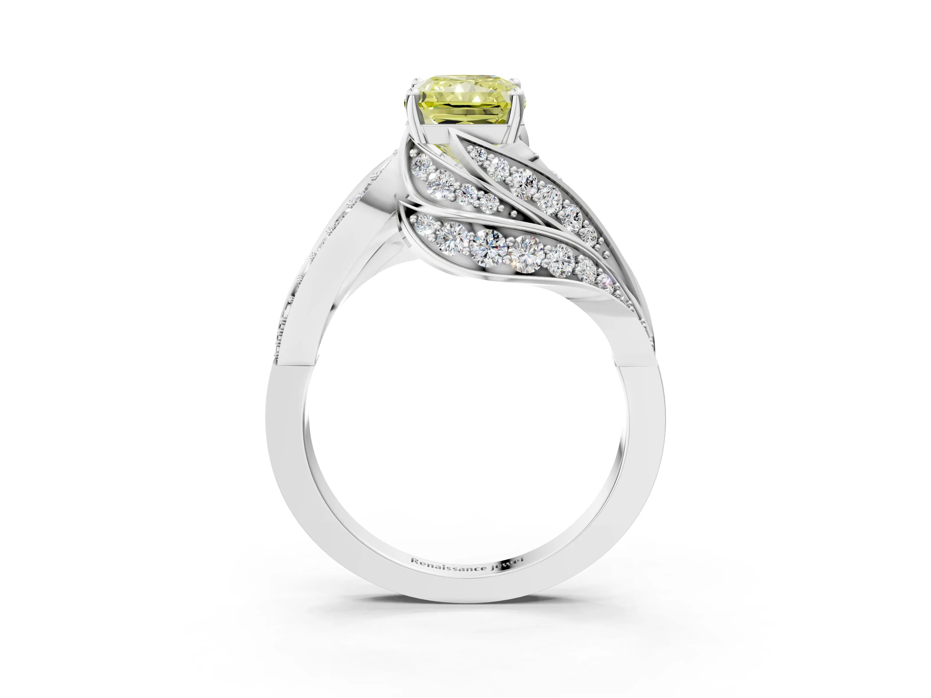 White gold Fancy Yellow Radiant Cut Diamond Solitaire Ring with Prong Setting and Twisted Pavé Band_3