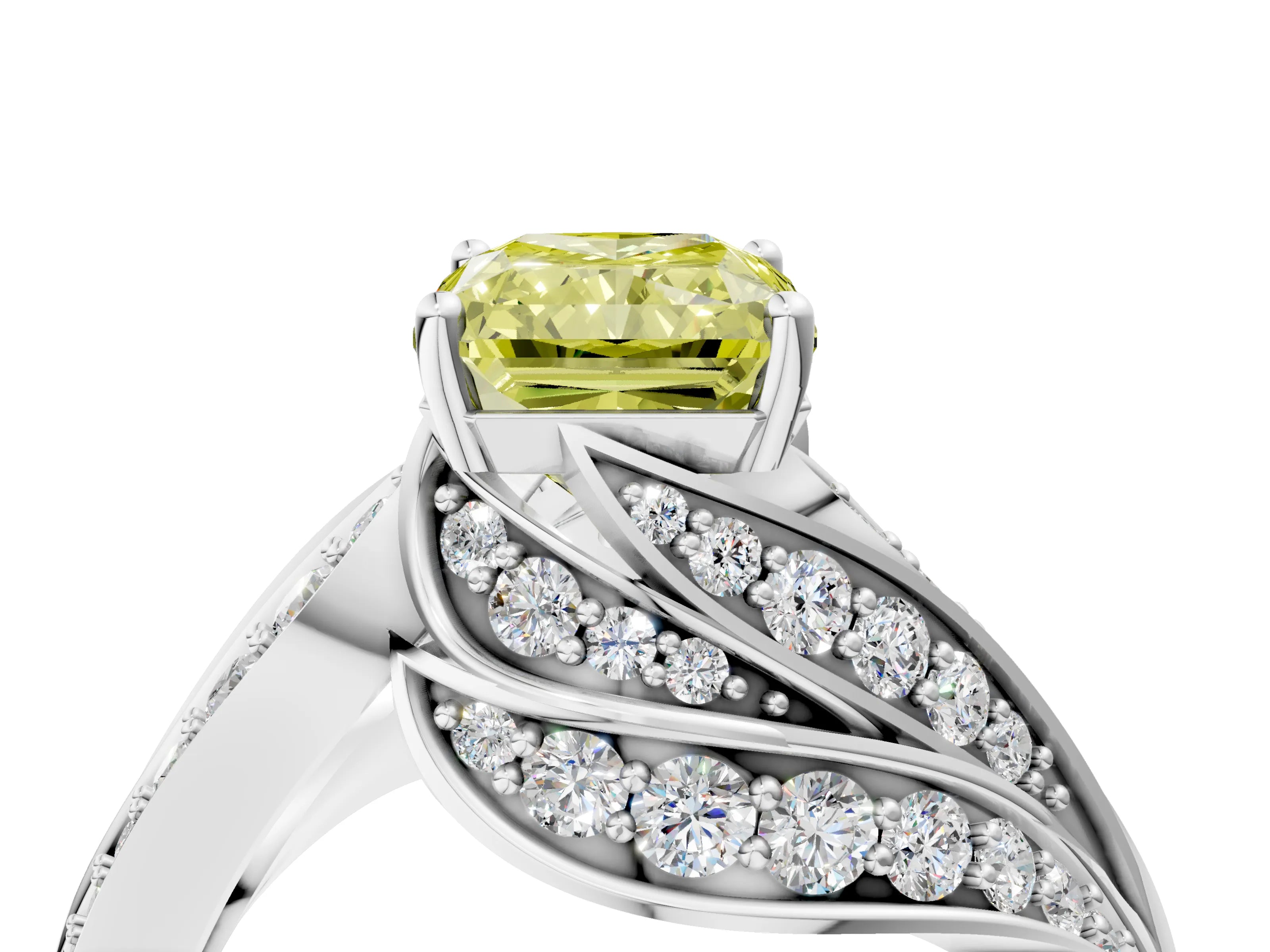 White gold Fancy Yellow Radiant Cut Diamond Solitaire Ring with Prong Setting and Twisted Pavé Band_4