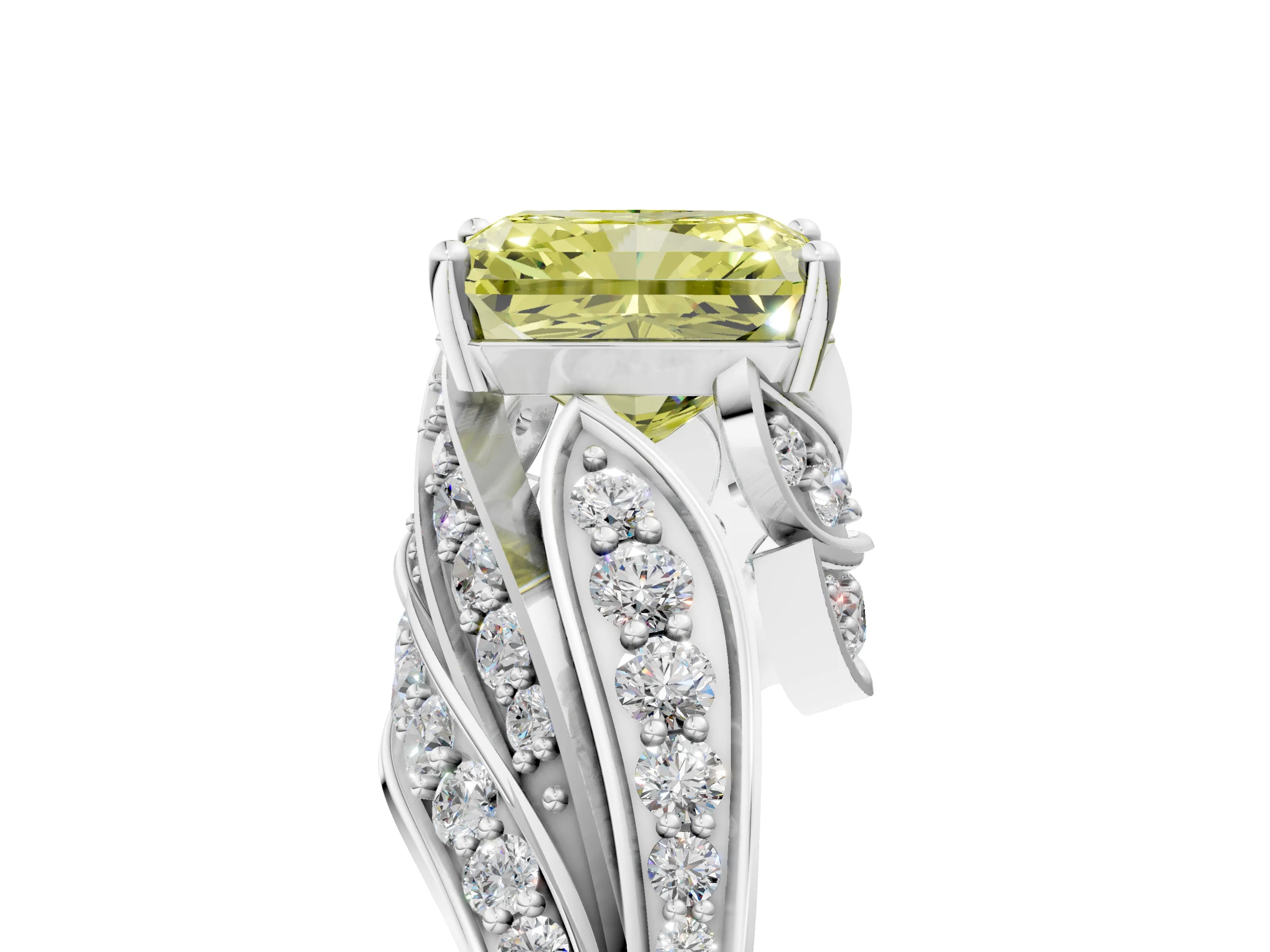 White gold Fancy Yellow Radiant Cut Diamond Solitaire Ring with Prong Setting and Twisted Pavé Band_5